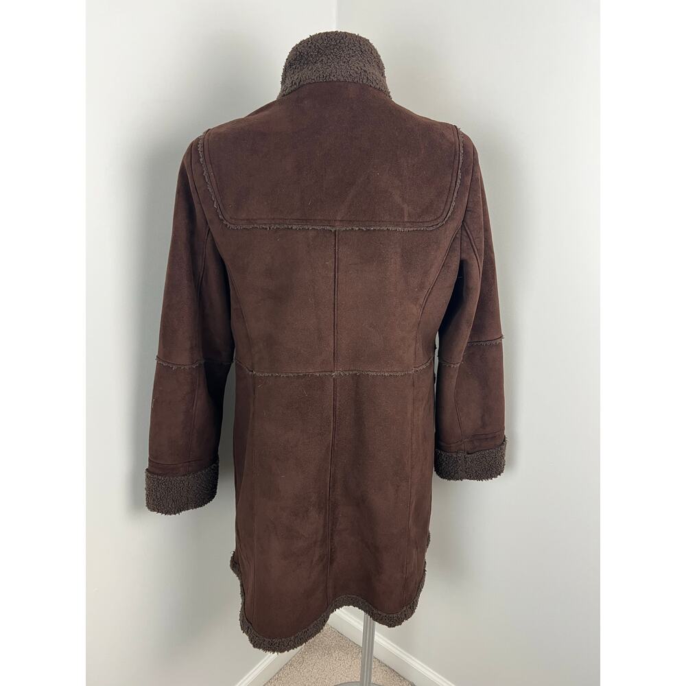Vintage Talbots Chocolate Brown Faux Fur Trim Suede Toggle Coat Petite Large - Picture 3 of 8
